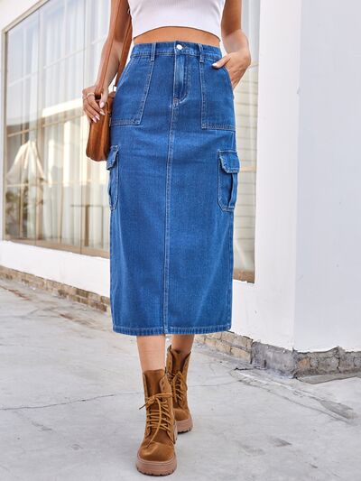 Slit Midi Denim Skirt with Pockets Medium for a perfect OOTD – dress to impress outfits from Amexza