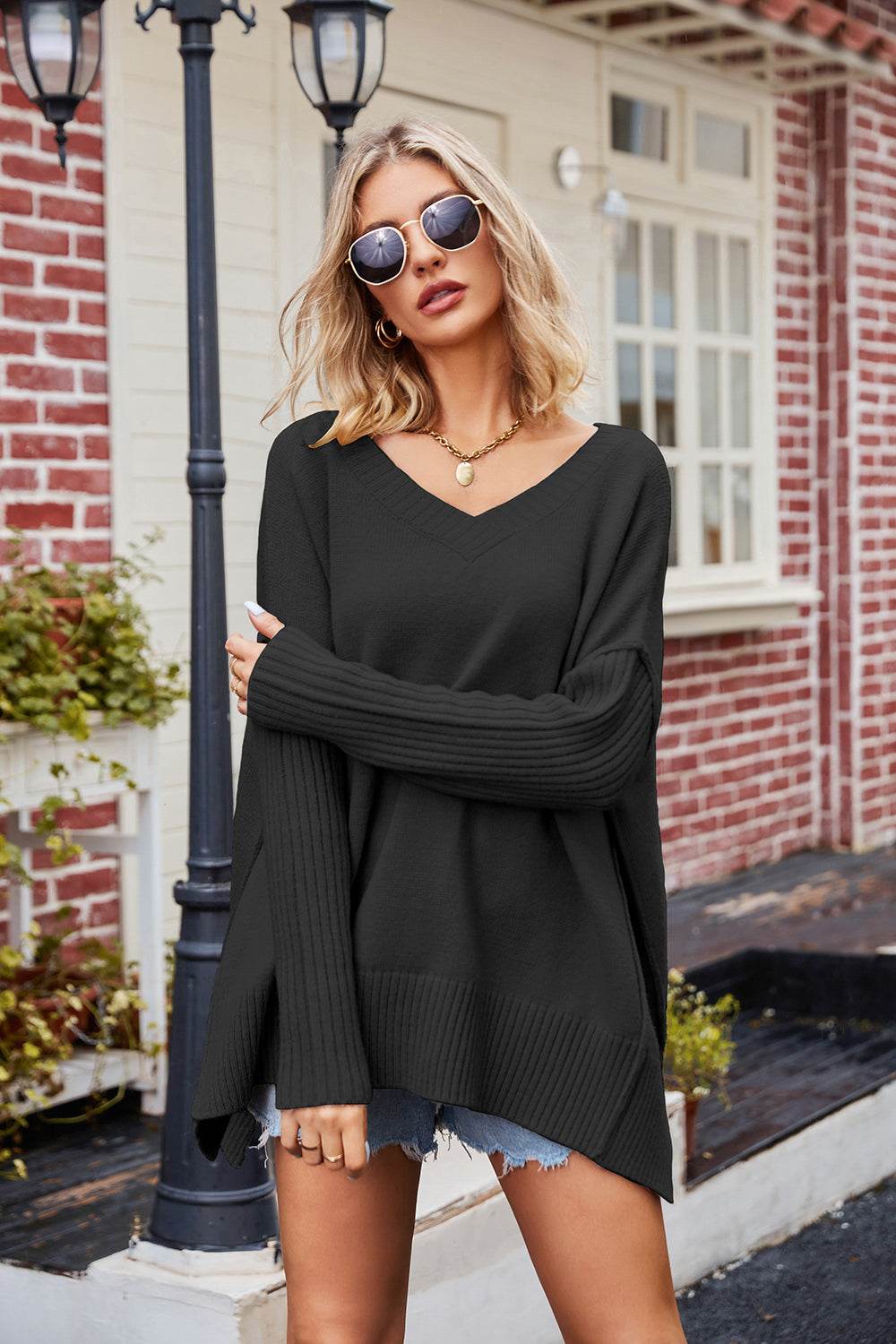 V-Neck Slit Exposed Seam Sweater for a perfect OOTD – dress to impress outfits from Amexza
