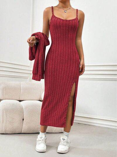 Ribbed Long Sleeve Cropped Cardigan and Slit Cami Dress Set - Amexza