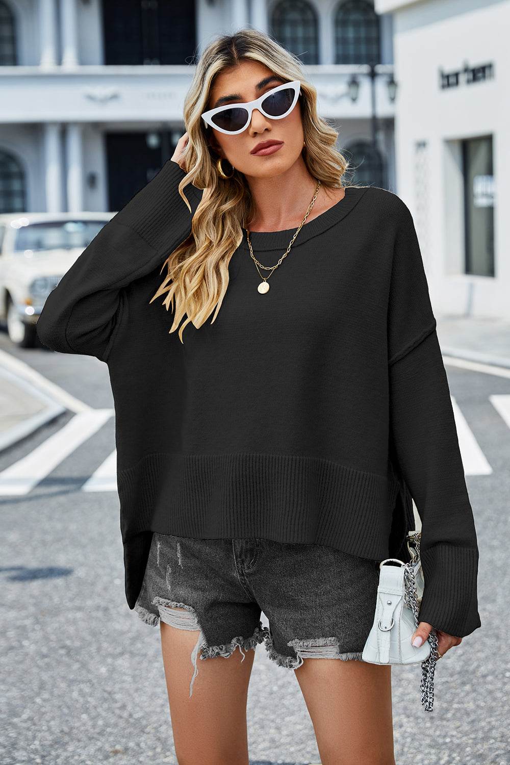 Round Neck Dropped Shoulder Slit Sweater for a perfect OOTD – dress to impress outfits from Amexza