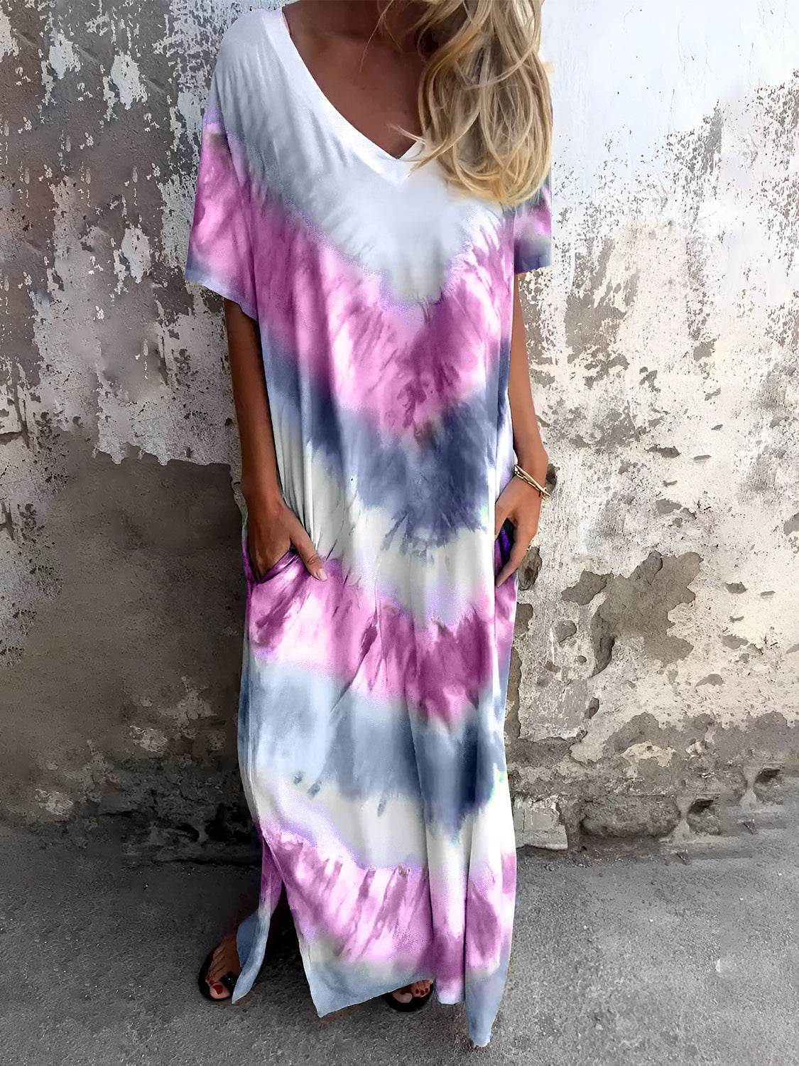 Full Size Pocketed Tie-Dye Short Sleeve Dress - Amexza