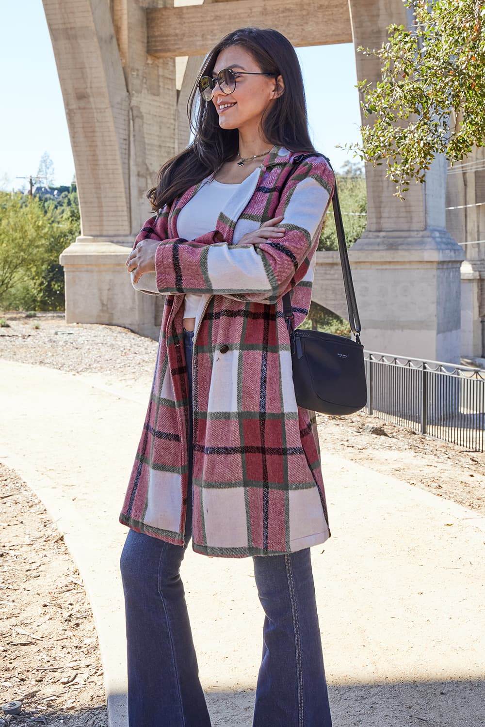 Double Take Full Size Plaid Button Up Lapel Collar Coat - Amexza