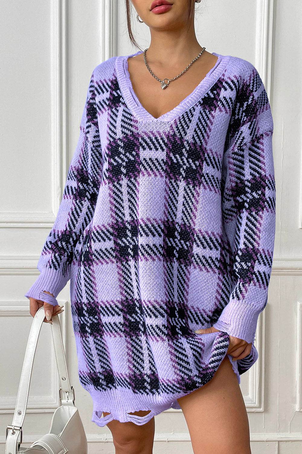 Plaid V-Neck Long Sleeve Sweater Dress for a perfect OOTD – dress to impress outfits from Amexza