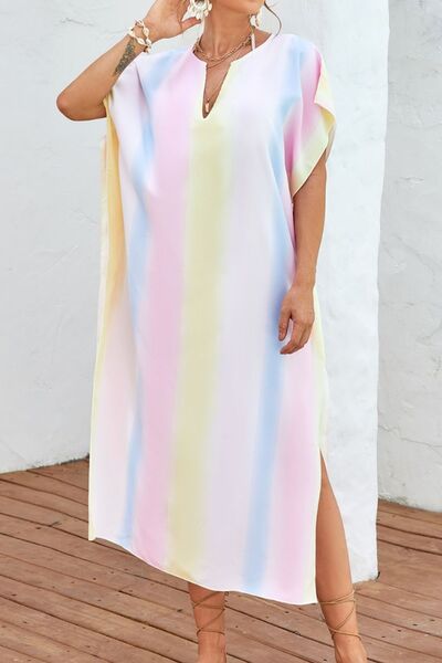 Slit Striped Notched Short Sleeve Cover Up Multicolor One Size for a perfect OOTD – dress to impress outfits from Amexza