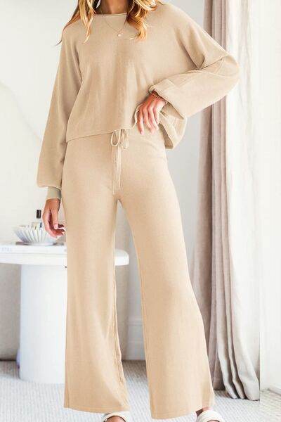 Round Neck Long Sleeve Top and Pants Set Tan for a perfect OOTD – dress to impress outfits from Amexza