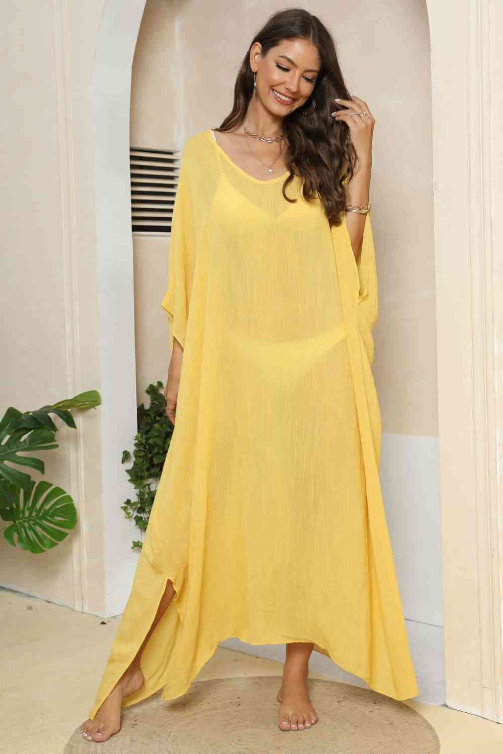 V-Neck Three-Quarter Sleeve Cover-Up Yellow One Size for a perfect OOTD – dress to impress outfits from Amexza