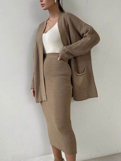 Pocketed Long Sleeve Cardigan and Skirt Sweater Set - Amexza