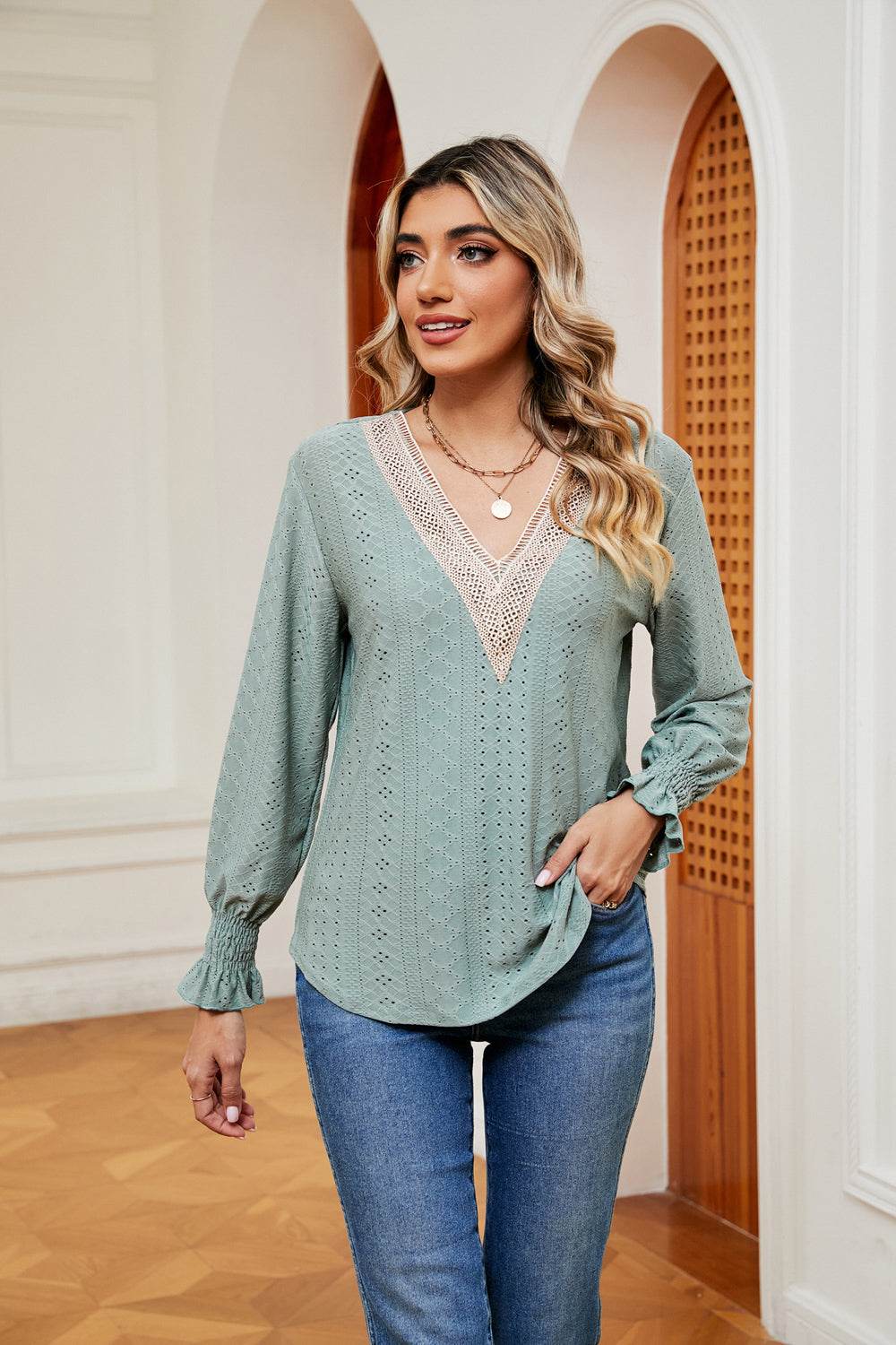 Contrast Flounce Sleeve Blouse Gum Leaf for a perfect OOTD – dress to impress outfits from Amexza