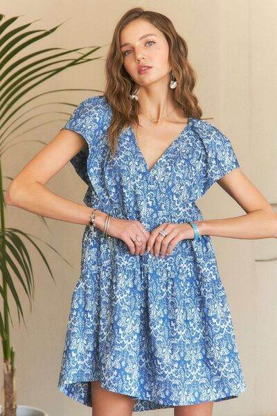 ADORA Printed V-Neck Ruffle Sleeve Mini Dress Denim Blue for a perfect OOTD – dress to impress outfits from Amexza