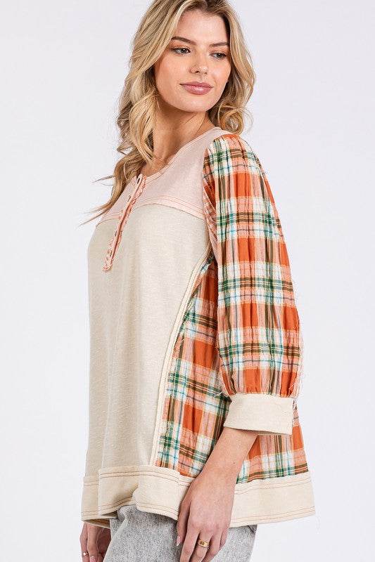 SAGE + FIG Exposed Seam Button Detail Plaid Top for a perfect OOTD – dress to impress outfits from Amexza