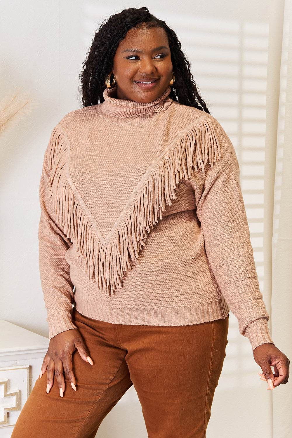 Woven Right Turtleneck Fringe Front Long Sleeve Sweater for a perfect OOTD – dress to impress outfits from Amexza