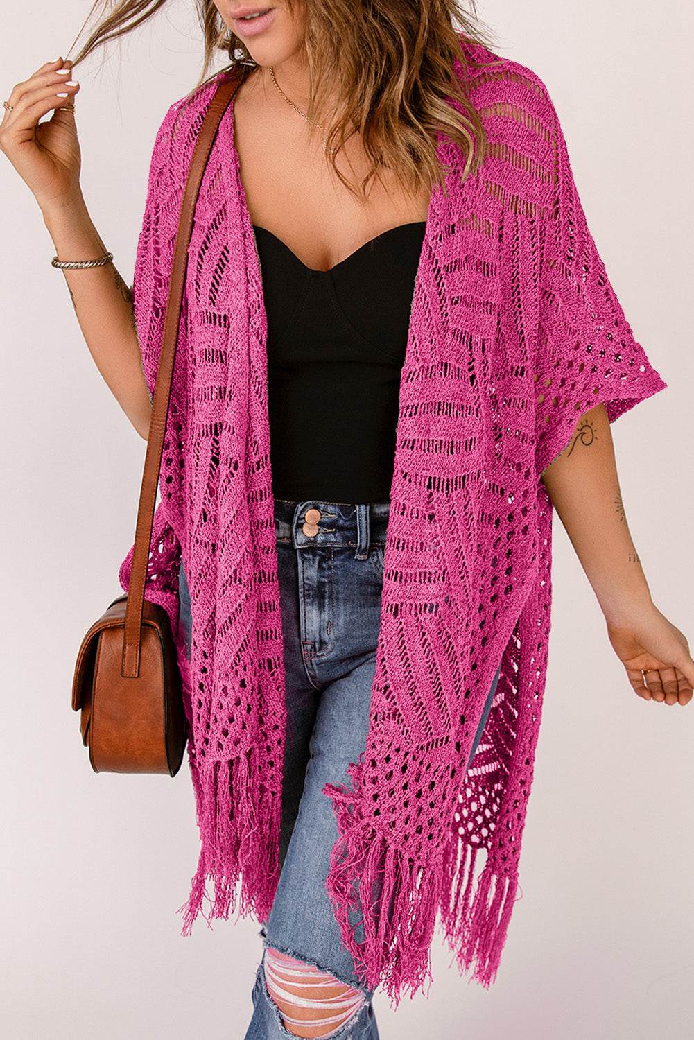 Openwork Open Front Cardigan with Fringes Hot Pink One Size for a perfect OOTD – dress to impress outfits from Amexza