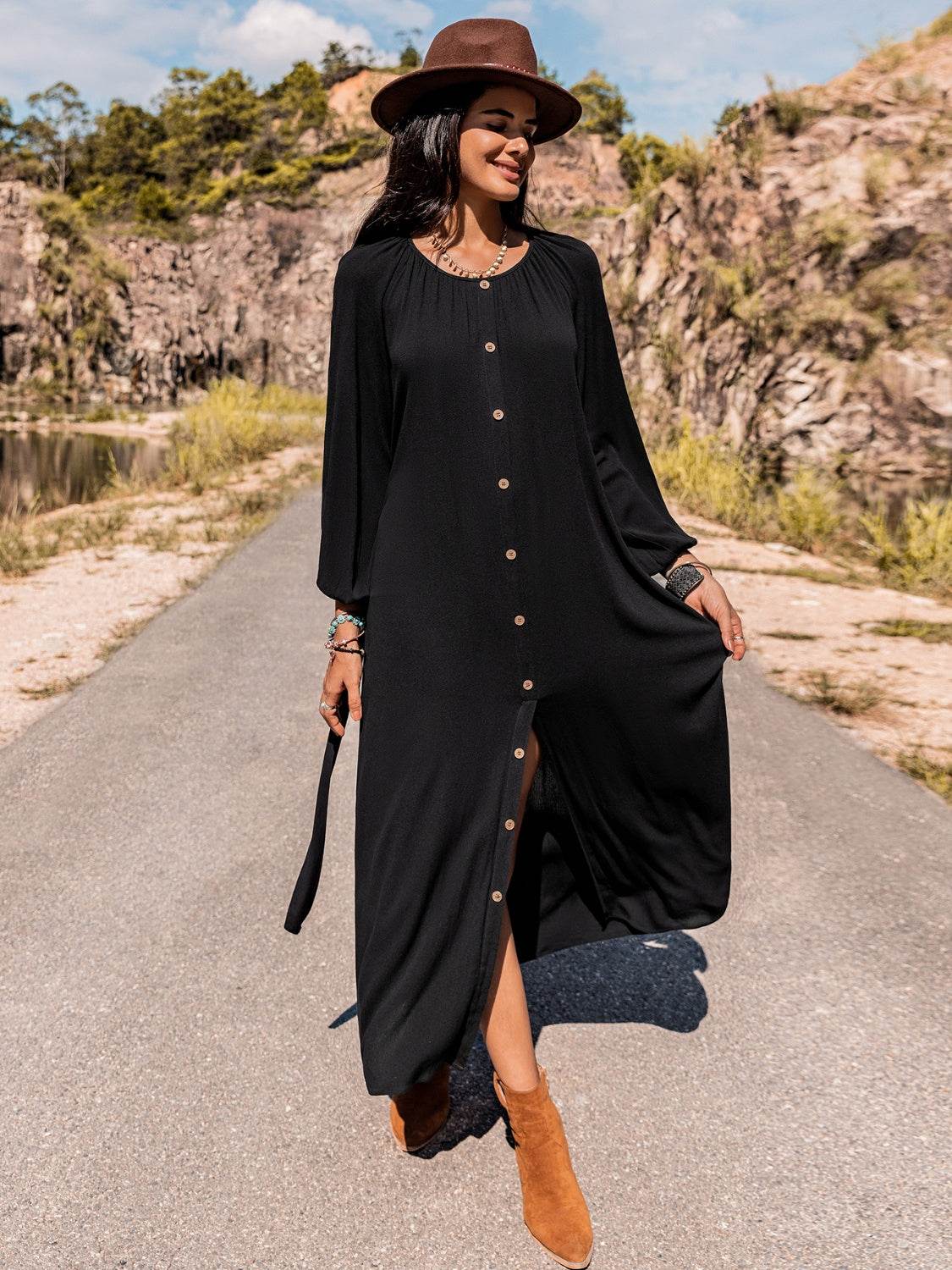 Long Sleeve Round Neck Dress - Amexza