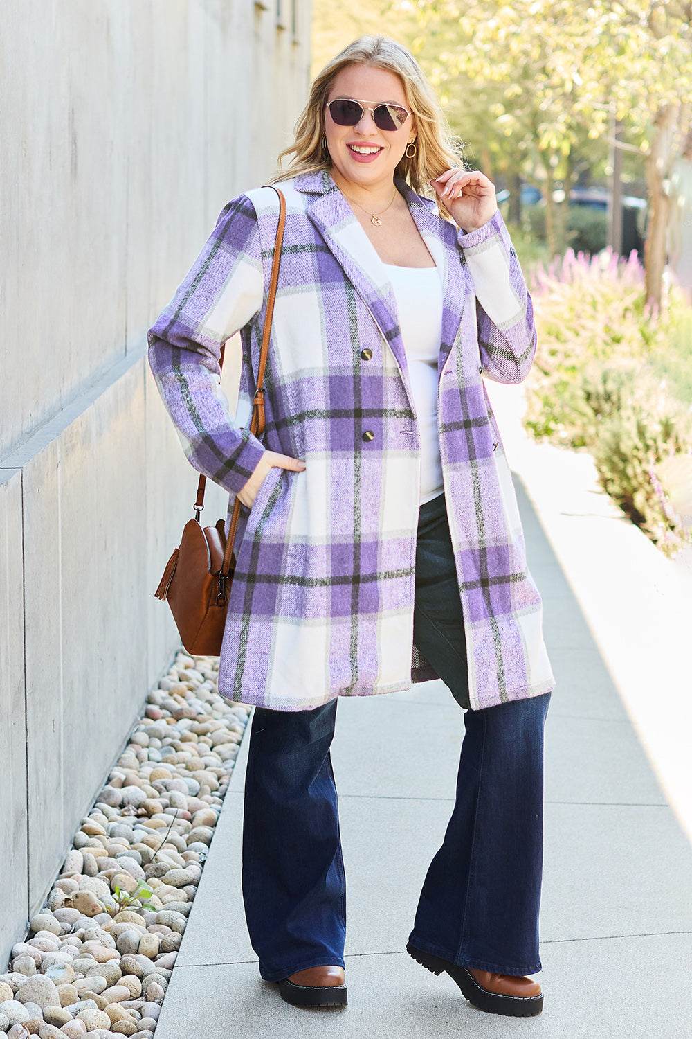 Double Take Full Size Plaid Button Up Lapel Collar Coat - Amexza