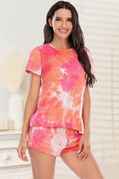 Tie-Dye Round Neck Short Sleeve Top and Shorts Lounge Set Coral for a perfect OOTD – dress to impress outfits from Amexza