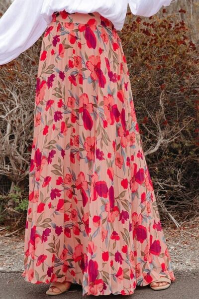 Printed Elastic Waist Pleated Maxi Skirt Hot Pink for a perfect OOTD – dress to impress outfits from Amexza