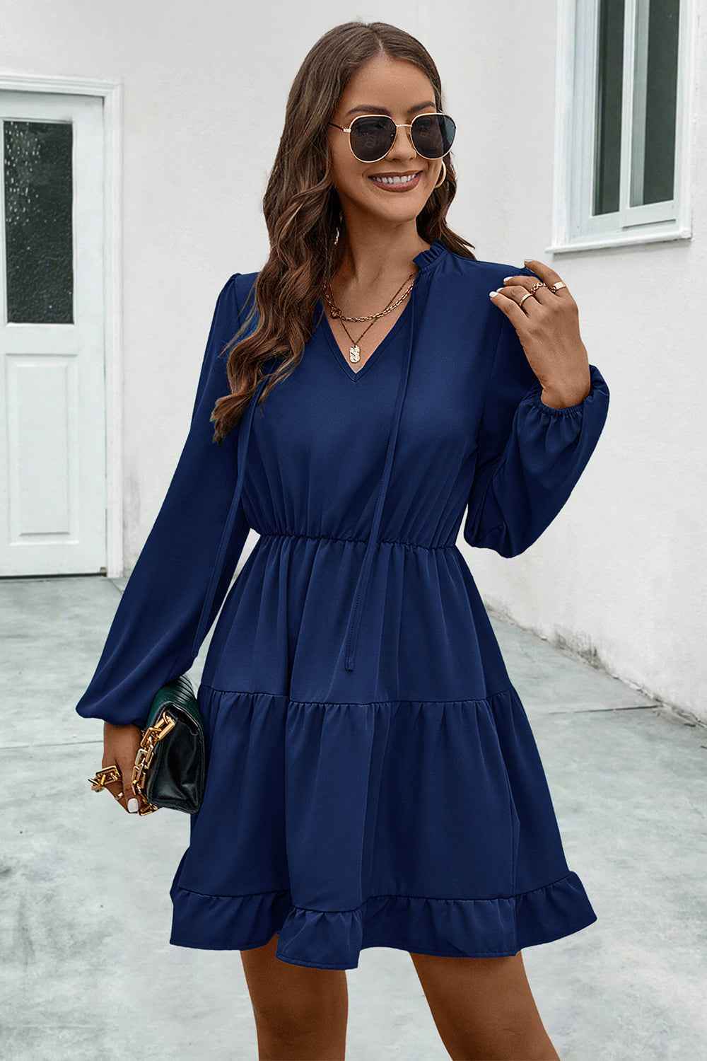 V-Neck Tie Neck Long Sleeve Dress for a perfect OOTD – dress to impress outfits from Amexza