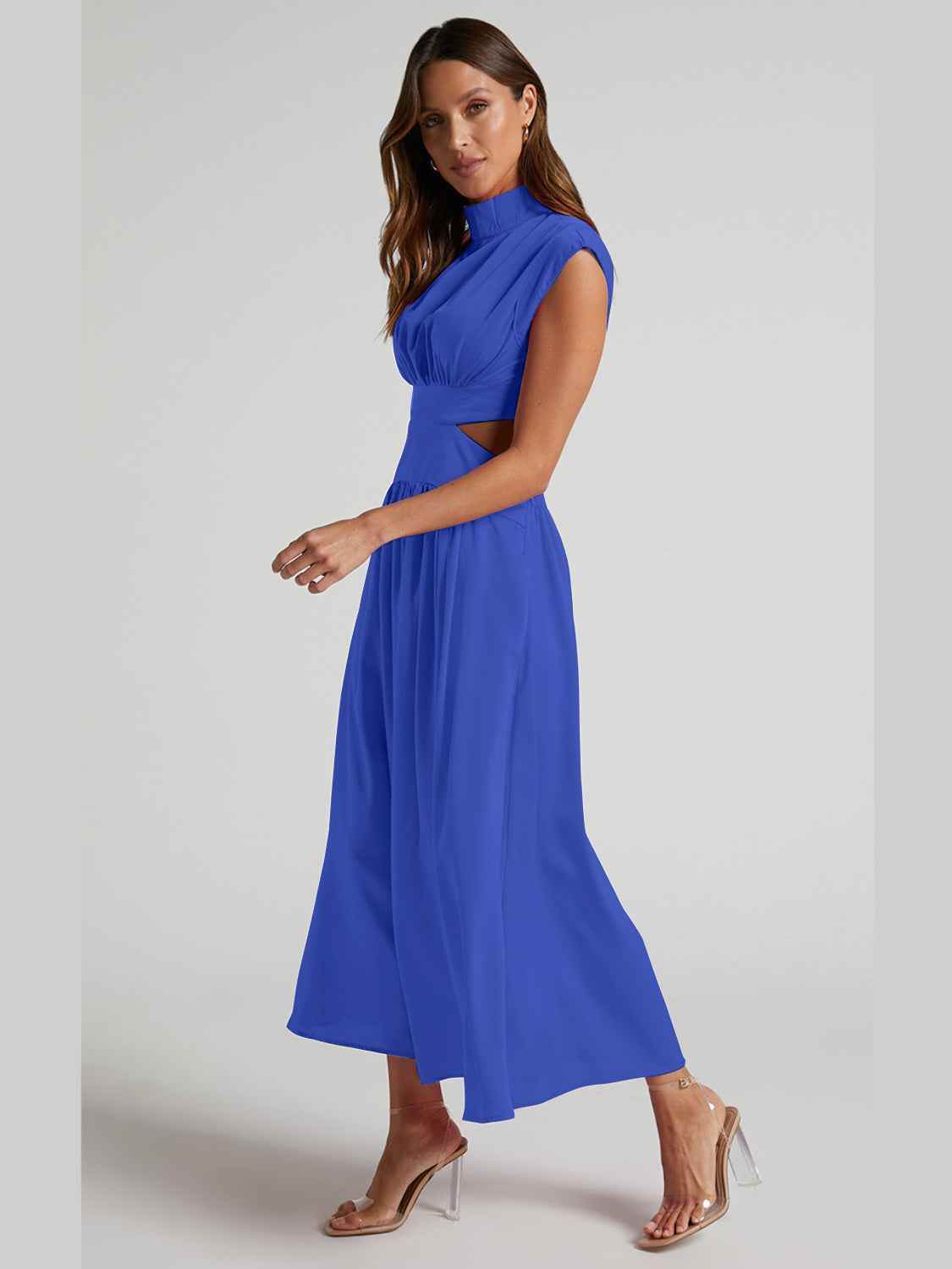 Cutout Mock Neck Sleeveless Ruched Dress - Amexza