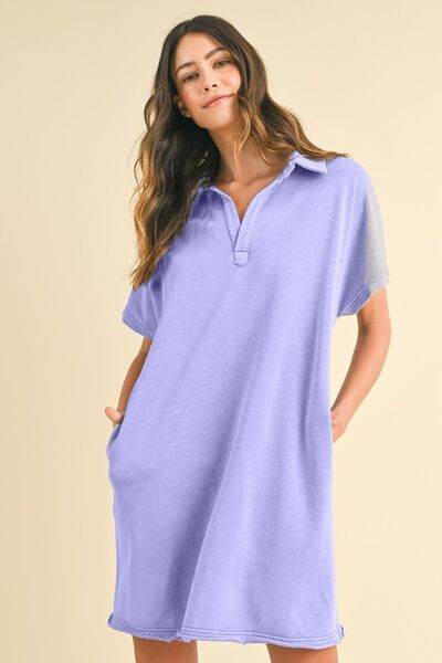 Annie Wear Mineral Washed Johnny Collar Short Sleeve Dress Blue Purple for a perfect OOTD – dress to impress outfits from Amexza