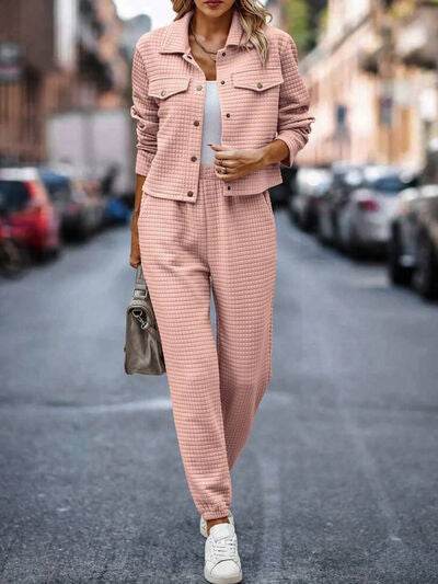 Plaid Texture Snap Down Top and Pants Set for a perfect OOTD – dress to impress outfits from Amexza