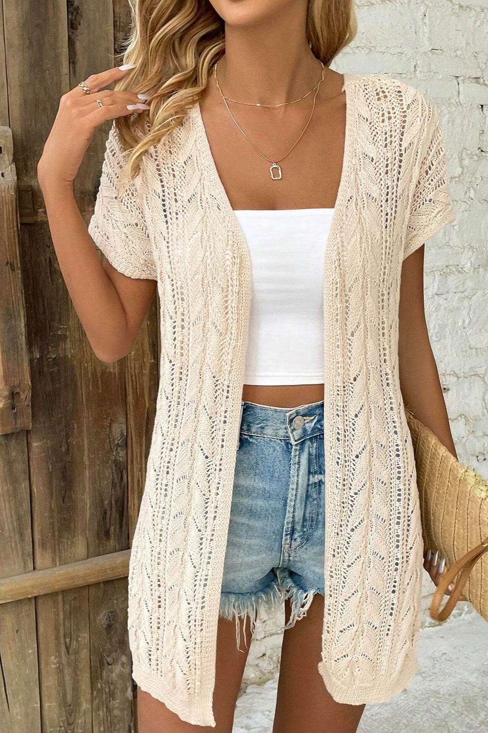 Openwork Open Front Short Sleeve Cardigan Beige for a perfect OOTD – dress to impress outfits from Amexza