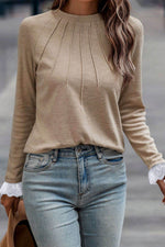 Lace Detail Round Neck Long Sleeve T-Shirt - Amexza