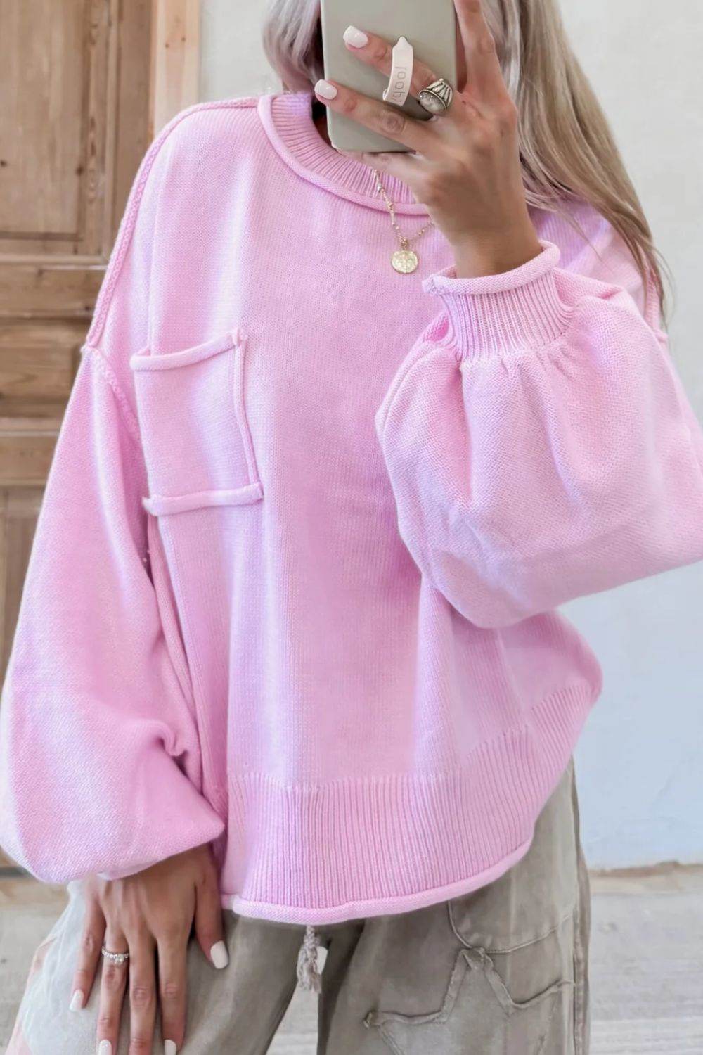 Roll Hem Ribbed Detail Drop Shoulder Sweater - Amexza