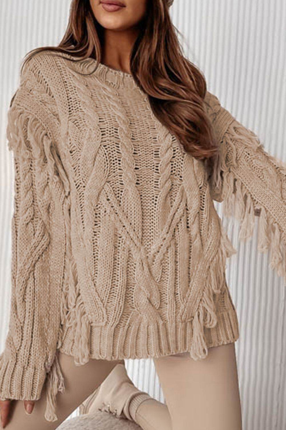 Cable Knit Fringe Round Neck Long Sleeve Sweater for a perfect OOTD – dress to impress outfits from Amexza