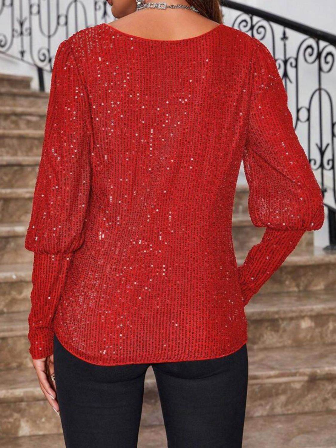 Sequin Boat Neck Long Sleeve Top for a perfect OOTD – dress to impress outfits from Amexza