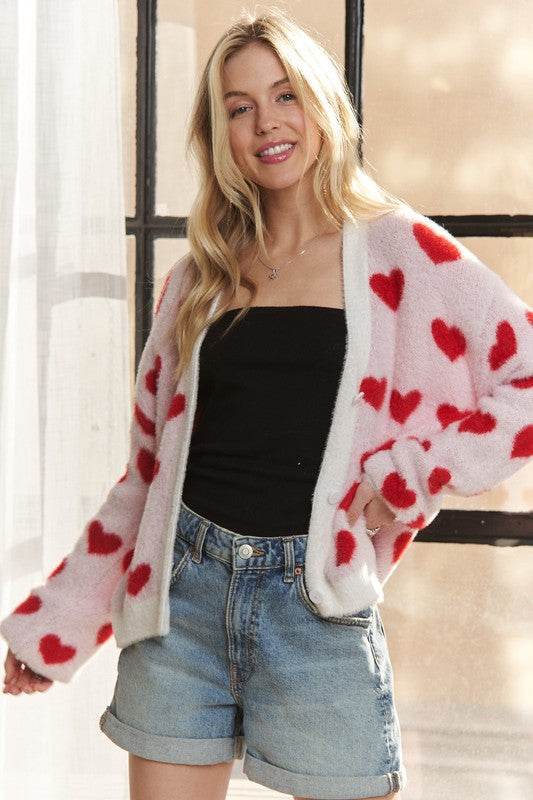 ADORA Fuzzy Heart Button Down Cardigan for a perfect OOTD – dress to impress outfits from Amexza