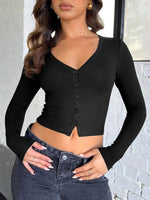 Buttoned V-Neck Long Sleeve T-Shirt - Amexza