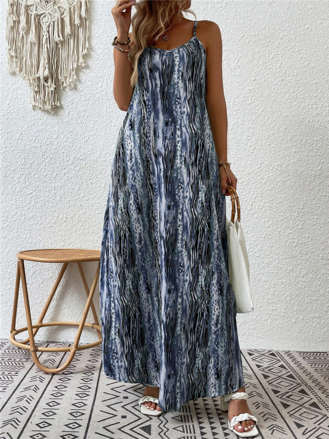 Full Size Printed Scoop Neck Maxi Cami Dress - Dusty Blue / S