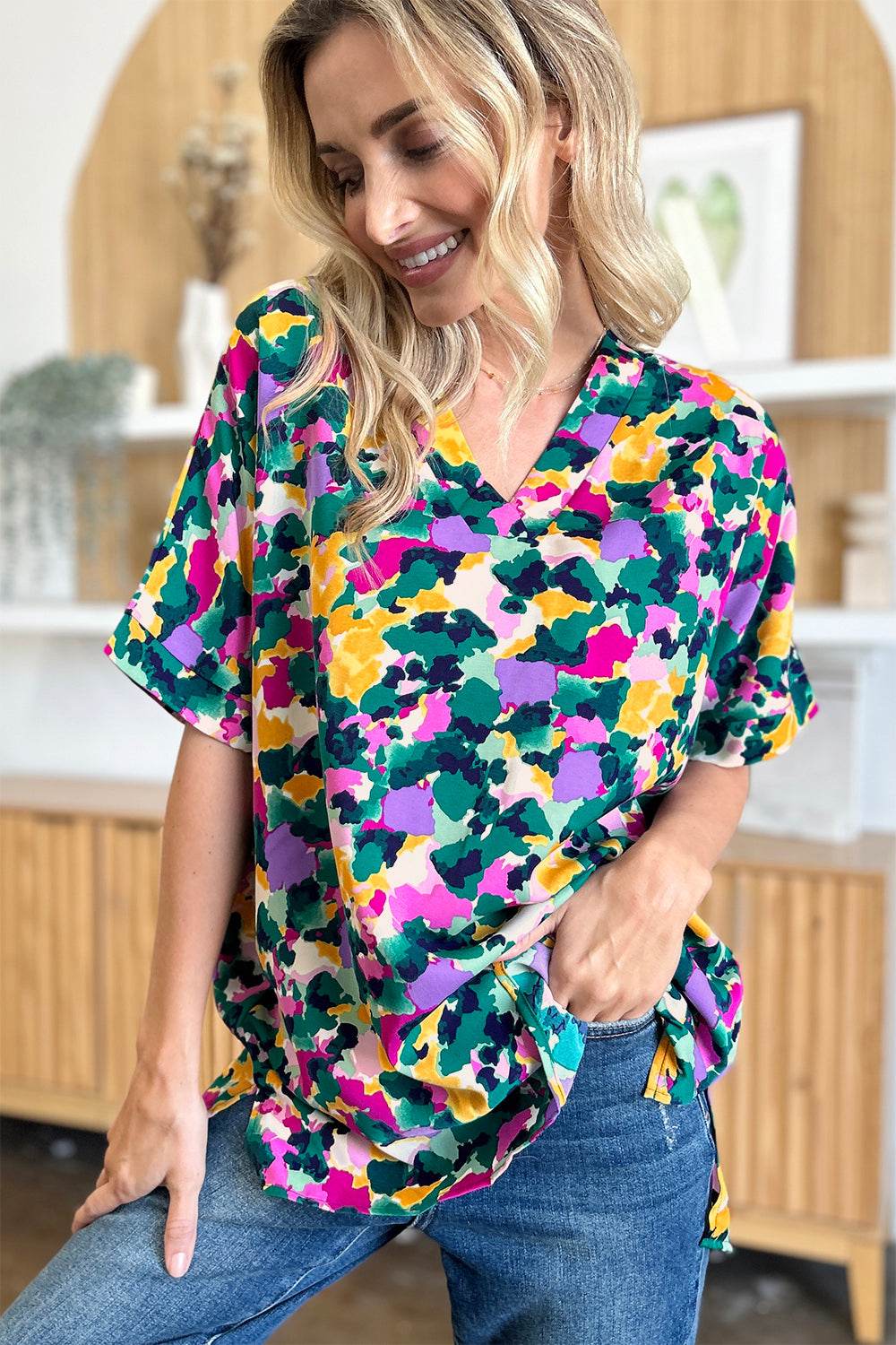 Double Take Full Size Printed V-Neck Short Sleeve Side Slit Top for a perfect OOTD – dress to impress outfits from Amexza