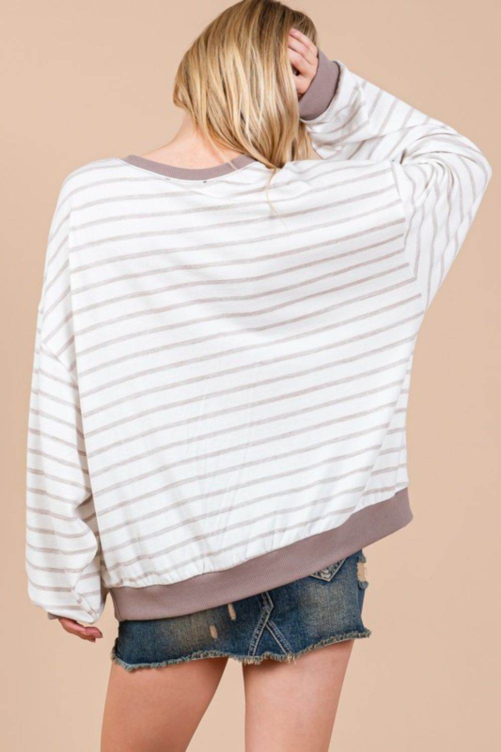 Ces Femme Striped Round Neck Drop Shoulder Sweatshirt - Amexza