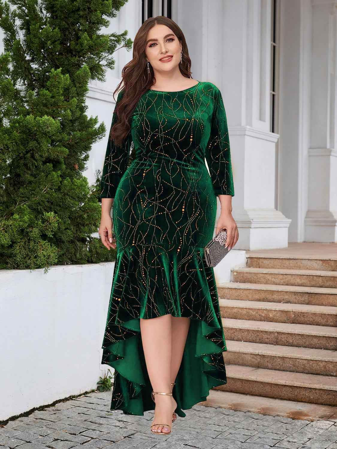 Plus Size Ruffle Hem High-Low Dress Dark Green for a perfect OOTD – dress to impress outfits from Amexza