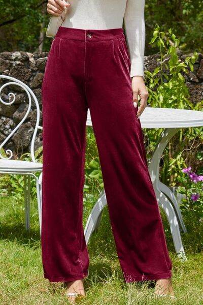 Velvet Wide Leg Pants with Pockets Burgundy for a perfect OOTD – dress to impress outfits from Amexza