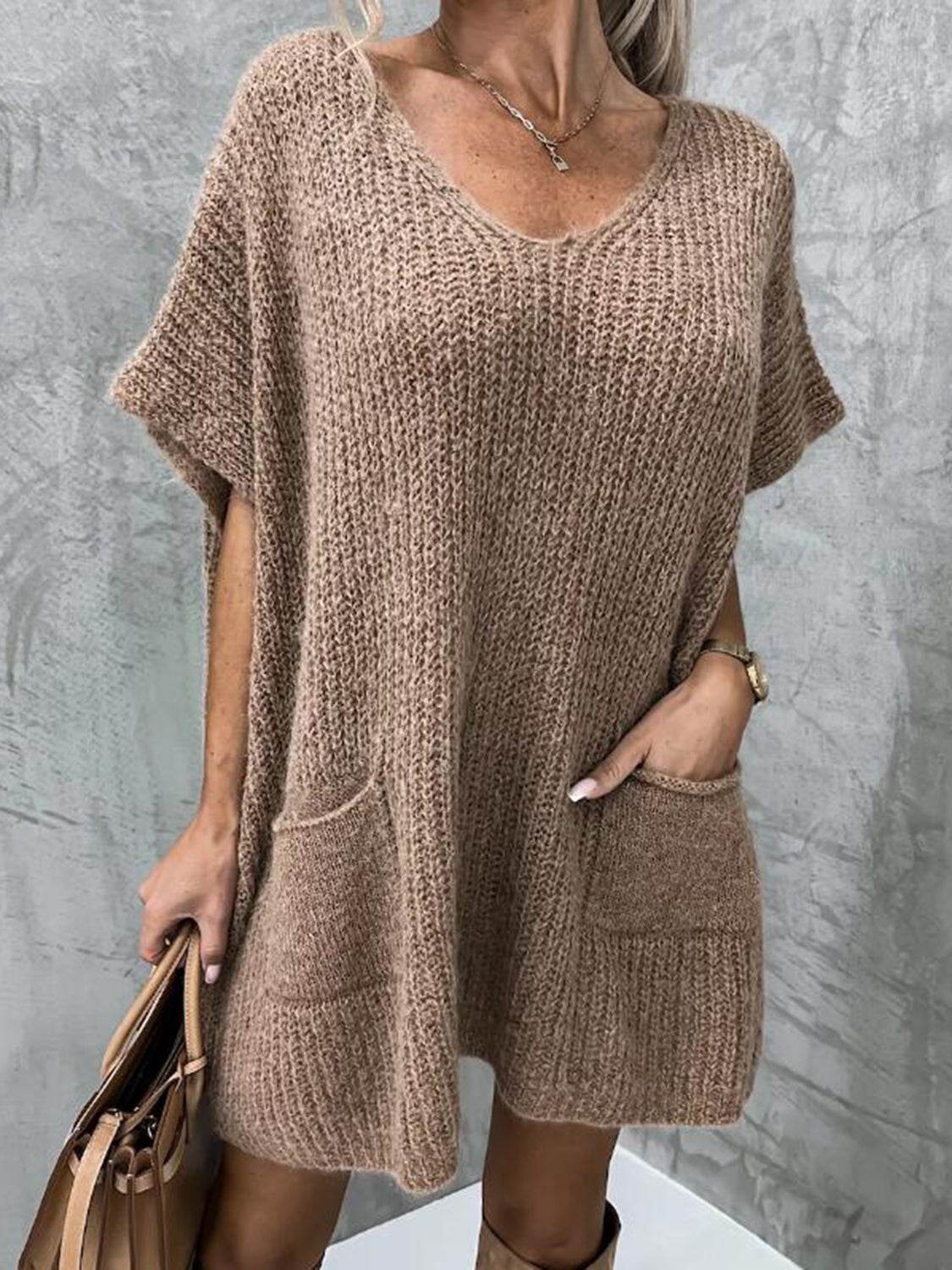 Short Sleeve Sweater Dress with Pockets Mocha for a perfect OOTD – dress to impress outfits from Amexza