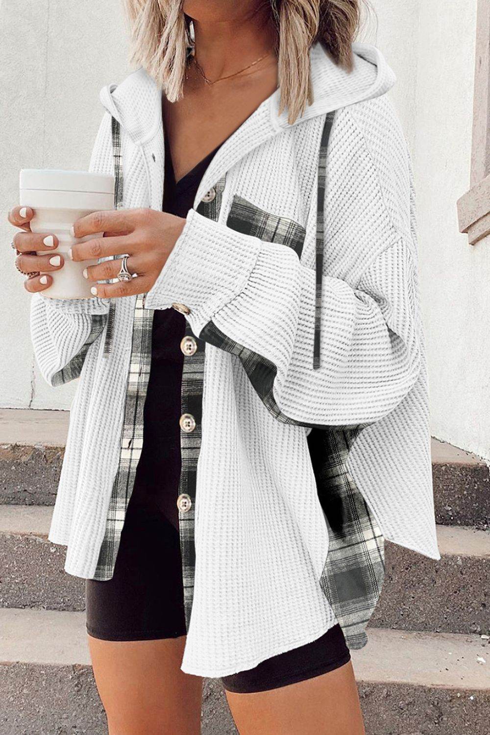 Waffle Knit Plaid Patchwork Drawstring Hooded Shacket White for a perfect OOTD – dress to impress outfits from Amexza