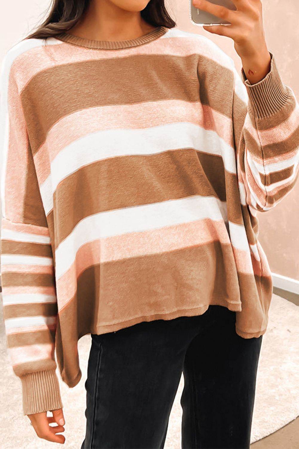 Striped Round Neck Long Sleeve Sweater Tan for a perfect OOTD – dress to impress outfits from Amexza