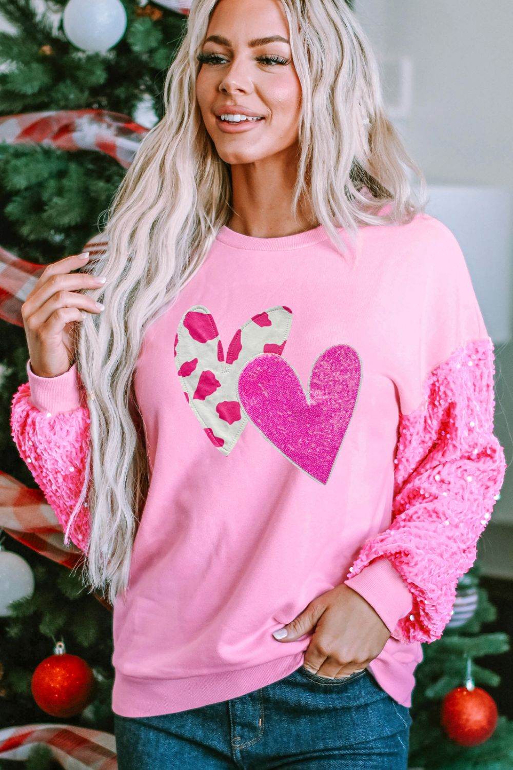 Valentine’s Day Sequin Heart Long Sleeve Sweatshirt Fuchsia Pink for a perfect OOTD – dress to impress outfits from Amexza