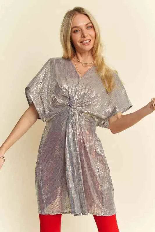 Davi & Dani Sequin Plunge Neck Knot Cut Out Tie Back Party Dress for a perfect OOTD – dress to impress outfits from Amexza