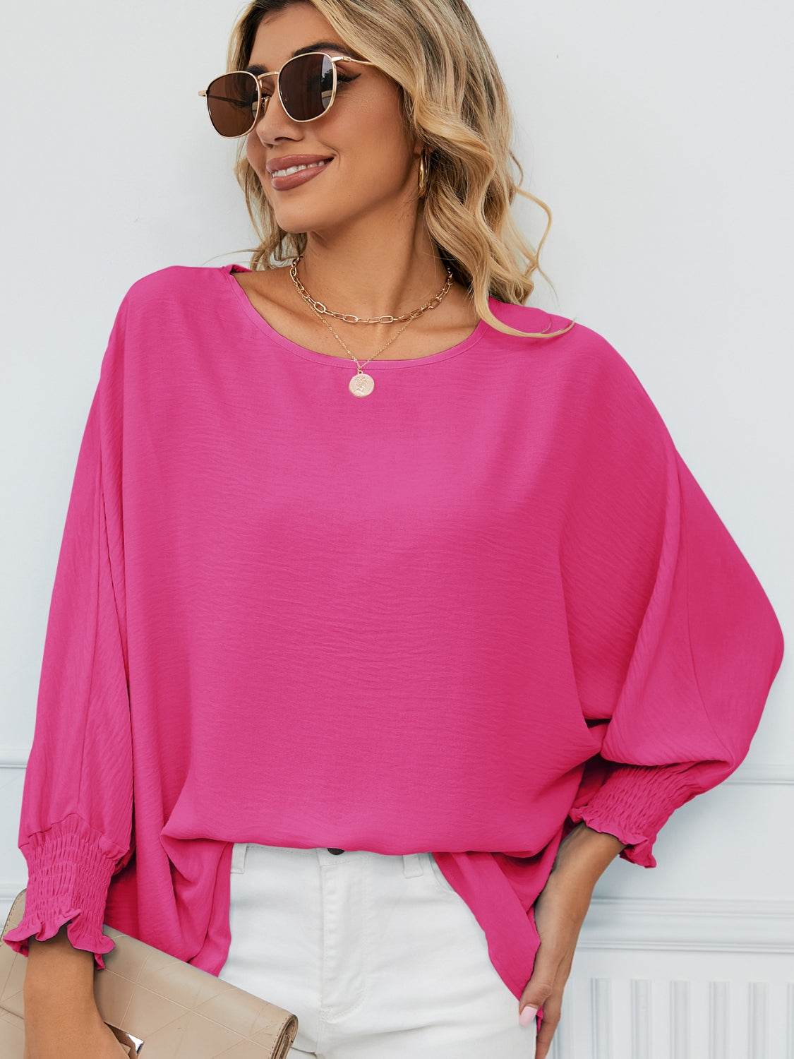 Smocked Lantern Sleeve Round Neck Blouse for a perfect OOTD – dress to impress outfits from Amexza