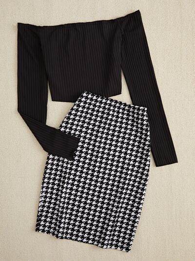 Off-Shoulder Long Sleeve Top and Houndstooth Skirt Set for a perfect OOTD – dress to impress outfits from Amexza