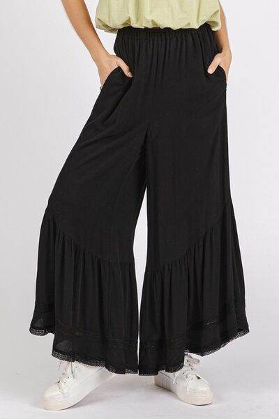 Mittoshop Lace Ruffle Asymmetric Hem Wide Leg Pants Black for a perfect OOTD – dress to impress outfits from Amexza