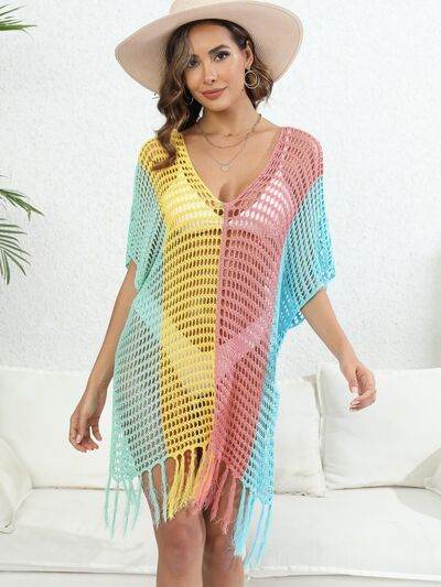 Fringe Color Block Scoop Neck Cover Up for a perfect OOTD – dress to impress outfits from Amexza