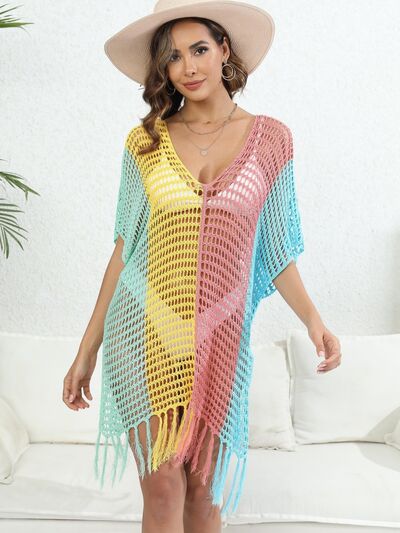 Fringe Color Block Scoop Neck Cover Up for a perfect OOTD – dress to impress outfits from Amexza