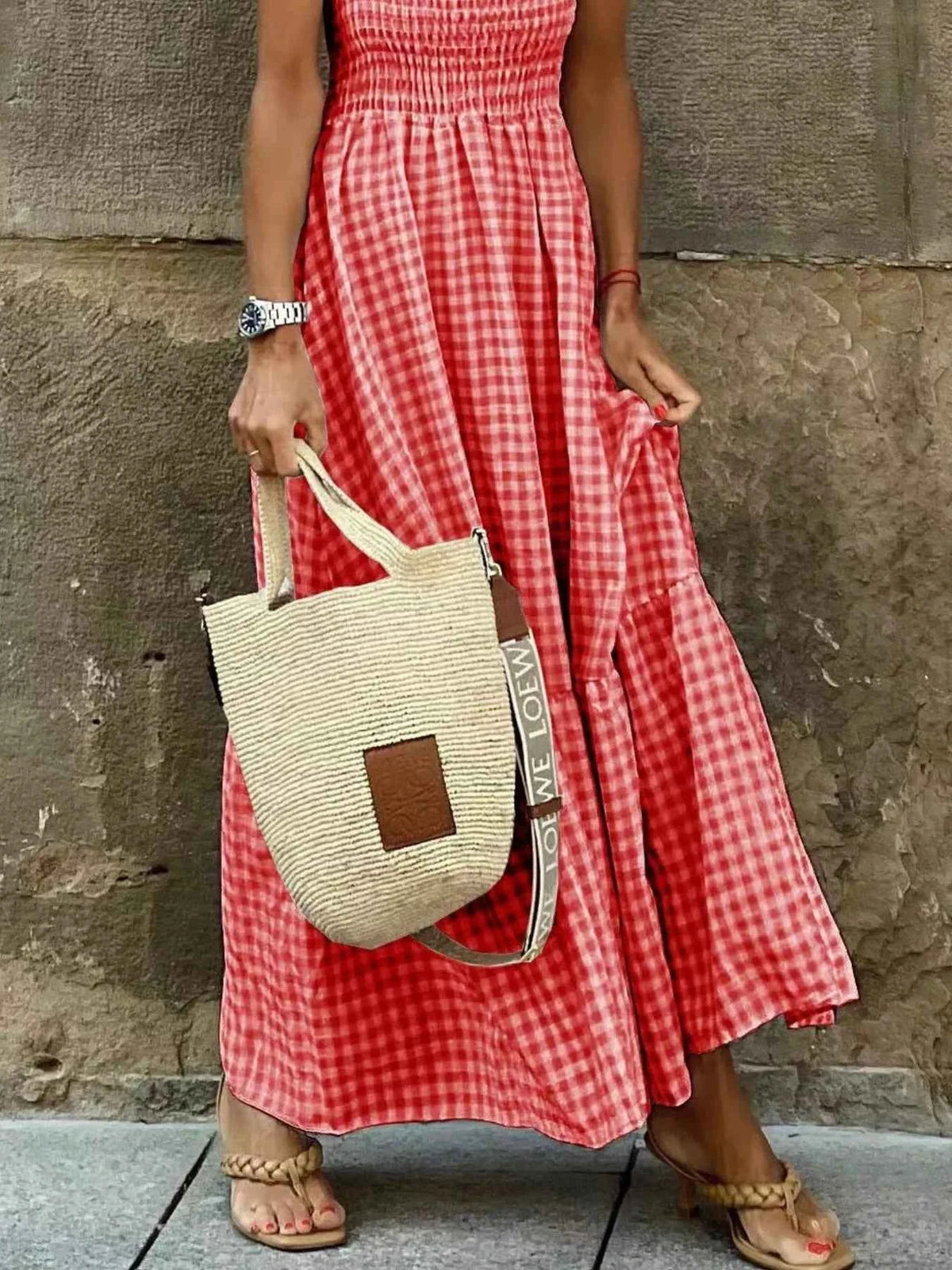 Smocked Gingham Maxi Dress with Ruffle Straps
