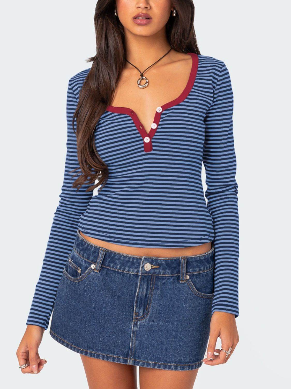 Buttoned Striped Long Sleeve T-Shirt Navy for a perfect OOTD – dress to impress outfits from Amexza