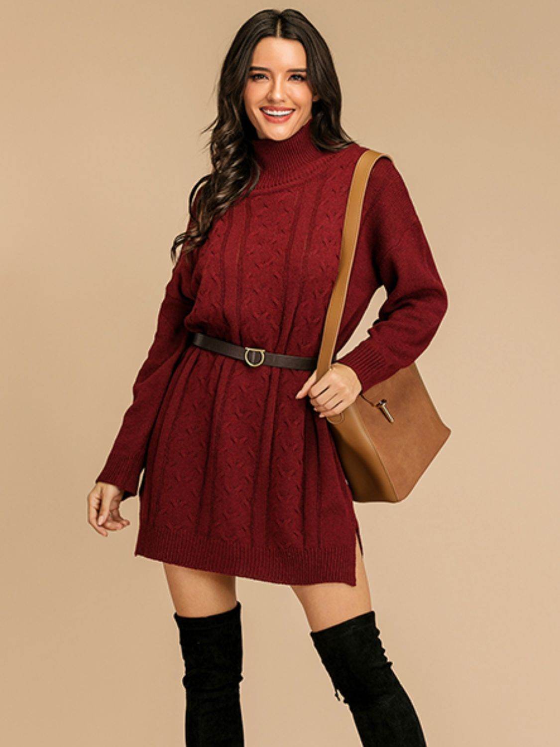 Perfee Slit Turtleneck Long Sleeve Mini Sweater Dress Burgundy for a perfect OOTD – dress to impress outfits from Amexza