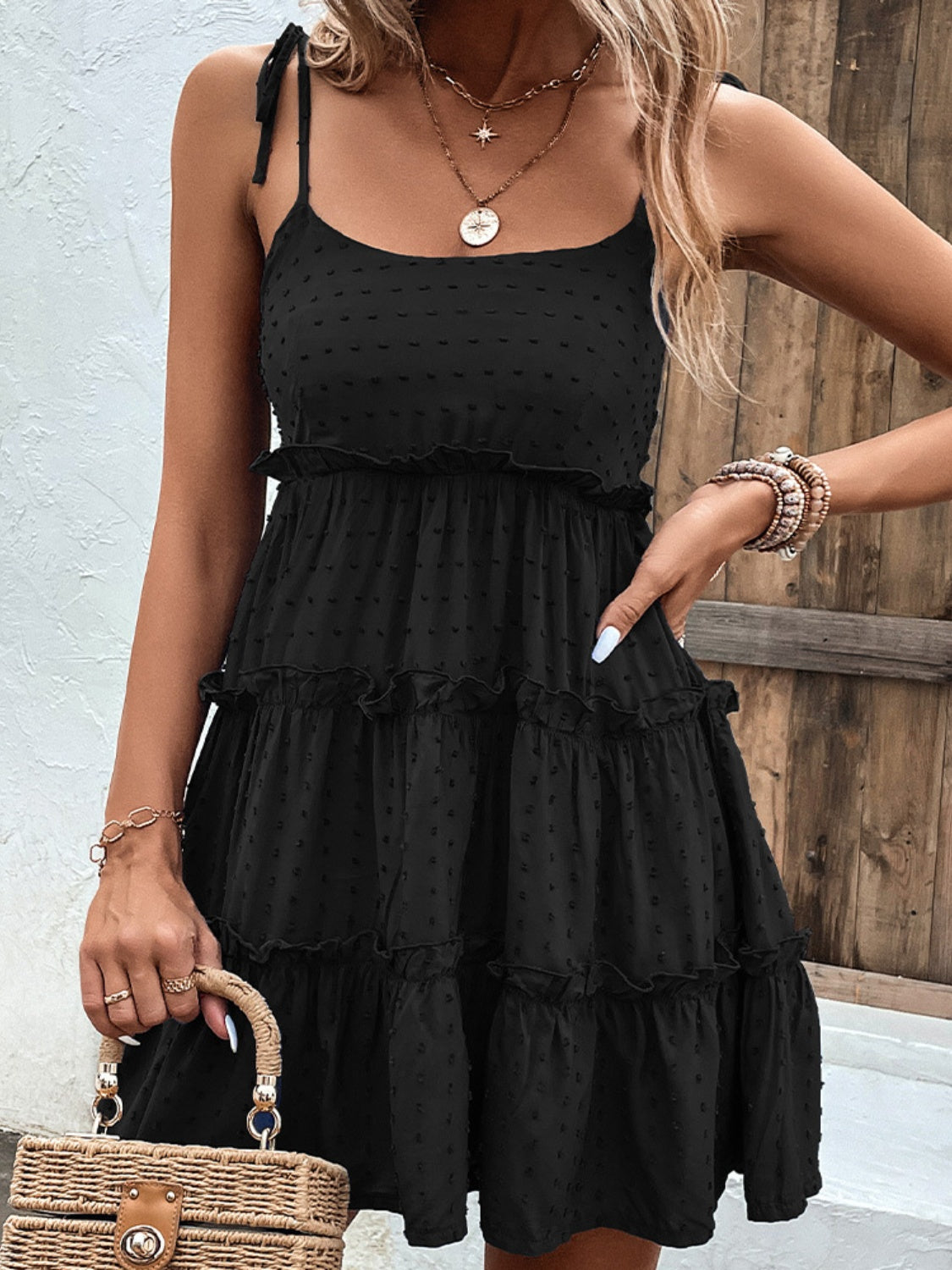 Shiny Frill Spaghetti Strap Tiered Dress - Black / S